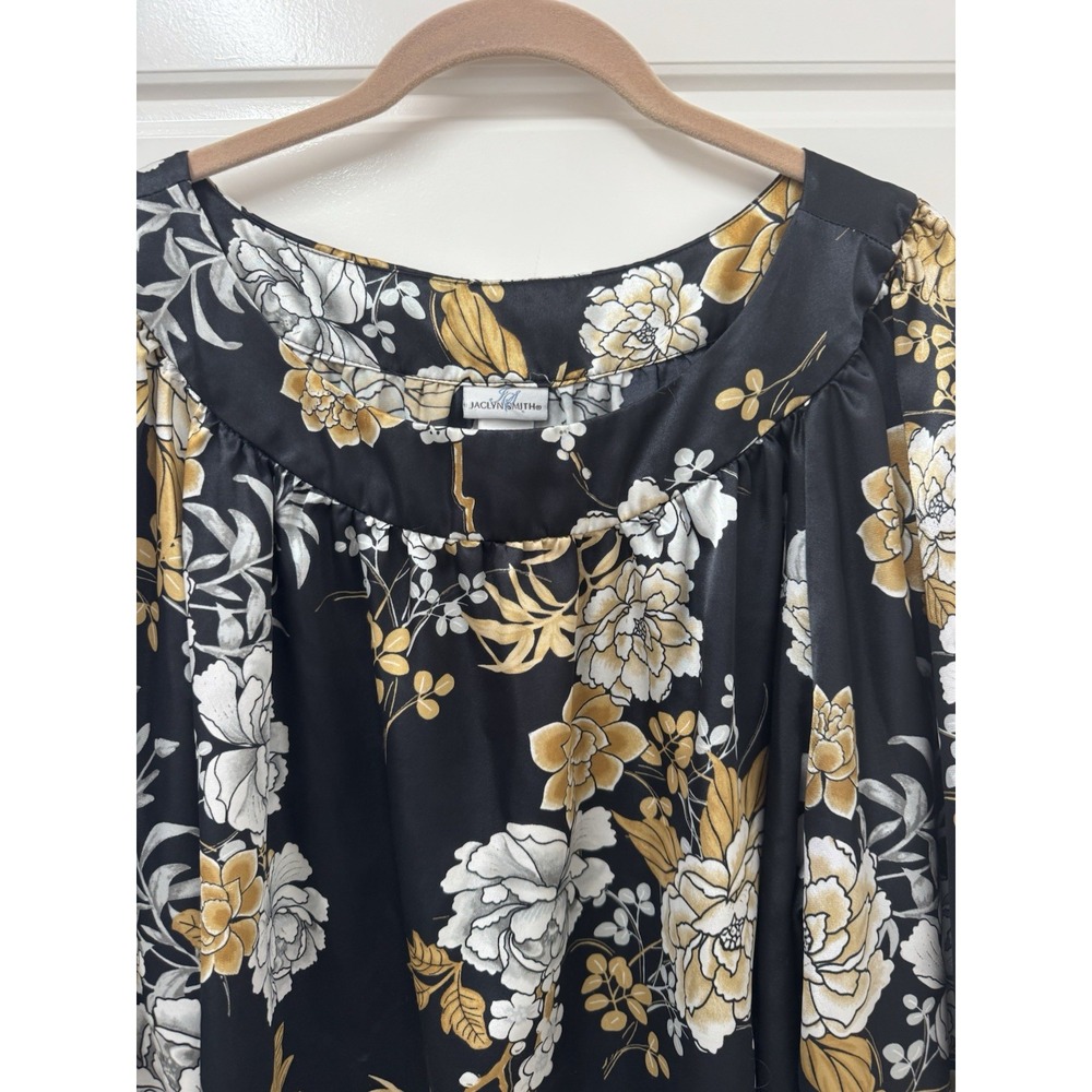 Jaclyn Smith Women 2X Blouse Top Silky Floral Black Gold White Long Sleeve A10